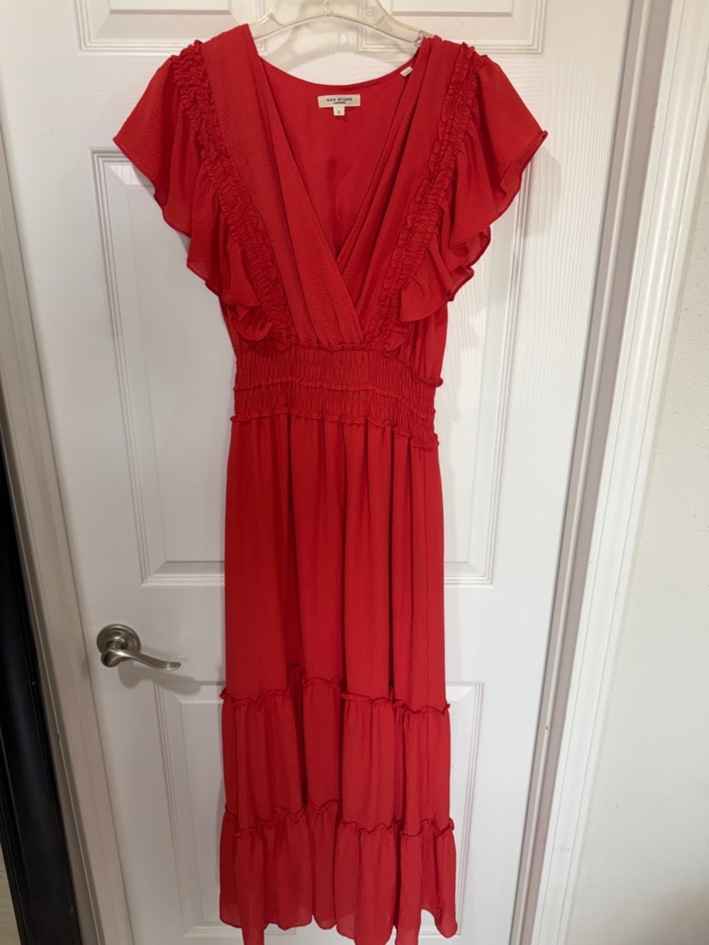 Max Studio Red Ruffle Sleeve Maxi Dress
